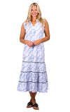 Front full body view of model in Duffield Lane Ariel Dress in Blue Leaves
