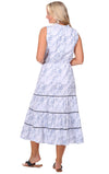 Back view of model in Duffield Lane Ariel Dress Blue Leaves