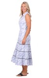 Side view of model in Duffield Lane Ariel Dress Blue Leaves