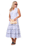 Front view of model in Duffield Lane Ariel Dress Blue Leaves
