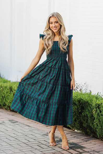 Full body view of the J. Marie Joyce Ruffle Strap Midi Dress - Hunter Green Gingham