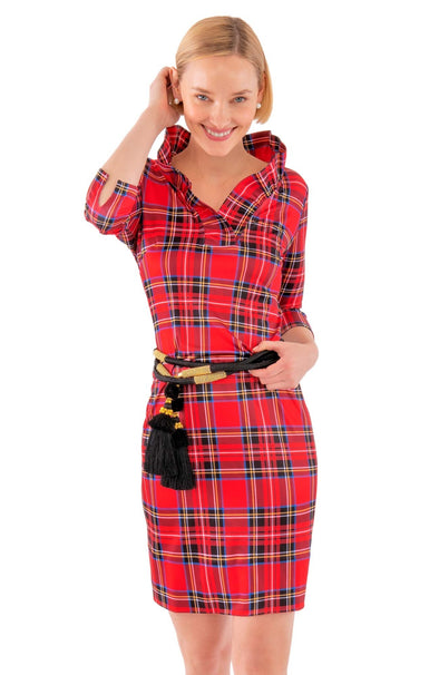 Front view of the Gretchen Scott Ruff Neck Jersey Dress - Duke Of York - Red/Multi