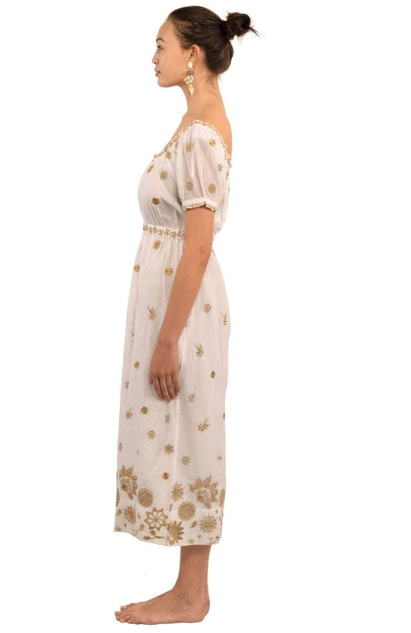 Side view of Gretchen Scott Big Love Maxi Dress in White/Gold