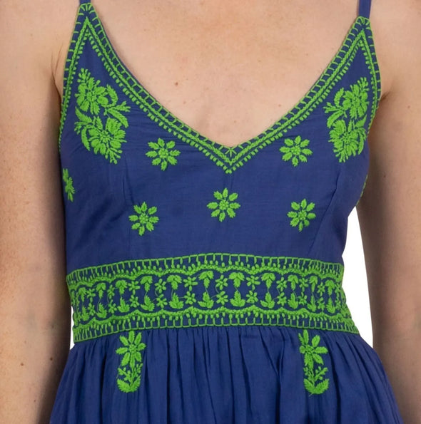 Close up view of Gretchen Scott Fiesta Time Dress in Royal/Kelly