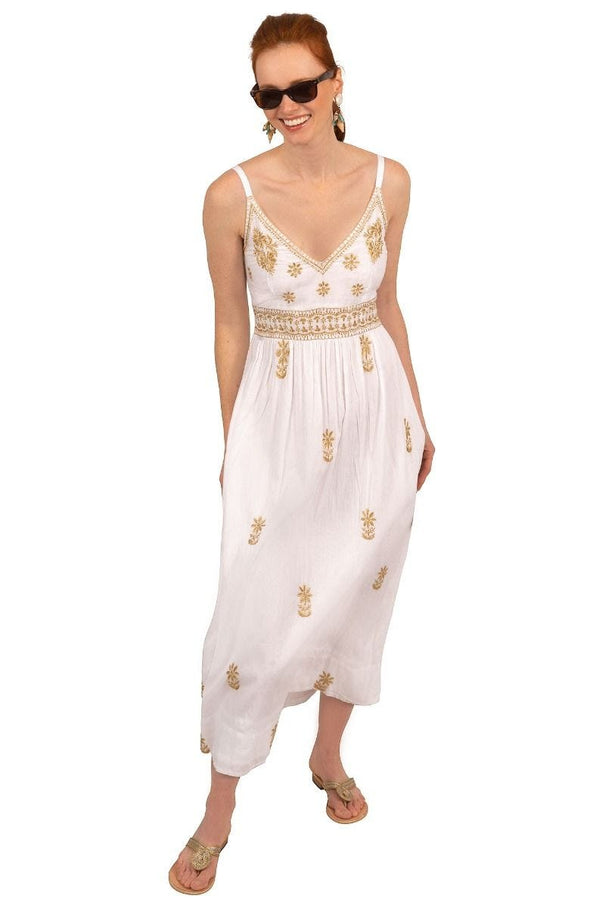 Full body image of Gretchen Scott Fiesta Time Dress in White/Gold with white background