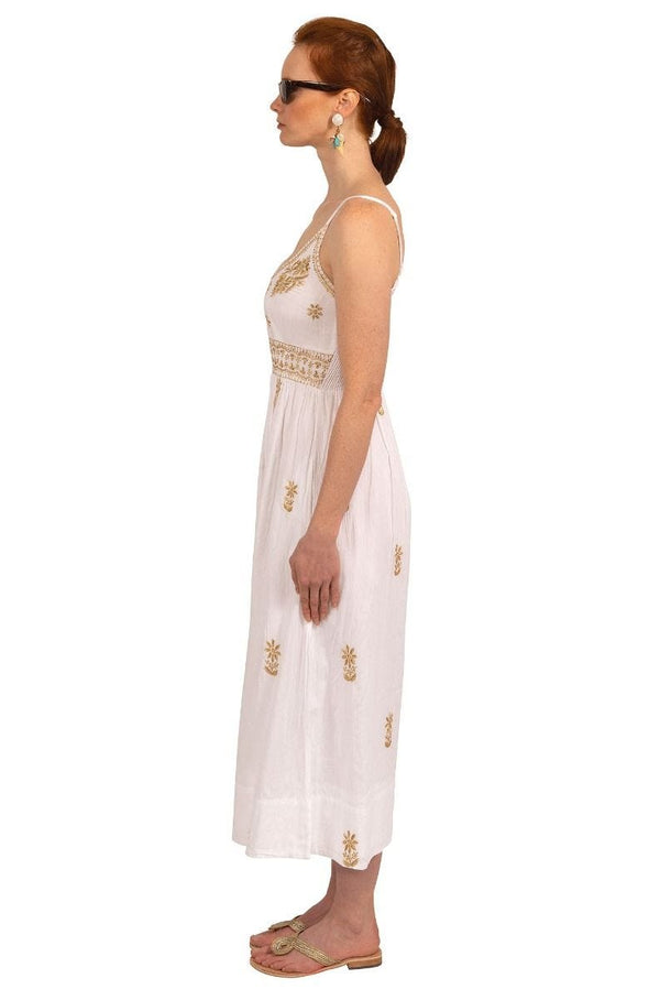 Side view of Gretchen Scott Fiesta Time Dress in White/Gold with white background