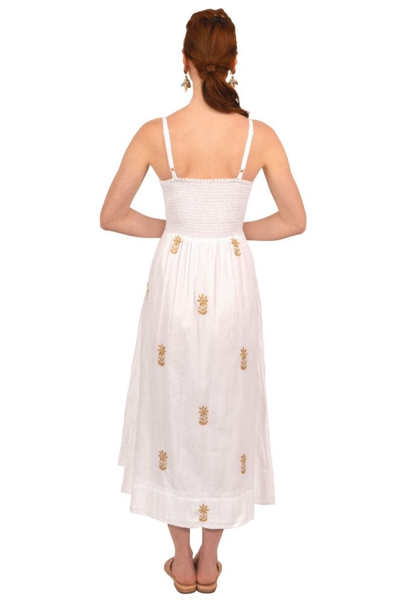 Hand Embroidered Midi Dress - Fiesta Time White/Gold / XL Hand Embroidered Midi Dress - Fiesta Time White/Gold / XL