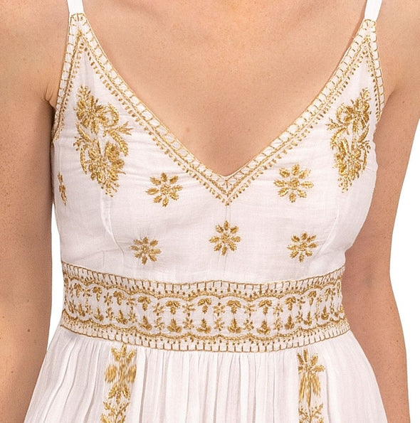 Close up view of top on Gretchen Scott Fiesta Time Dress in White/Gold