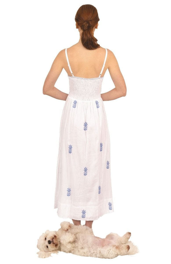 Back view of Gretchen Scott Fiesta Time Dress in White/Periwinkle