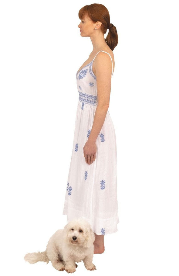 Side view of Gretchen Scott Fiesta Time Dress in White/Periwinkle