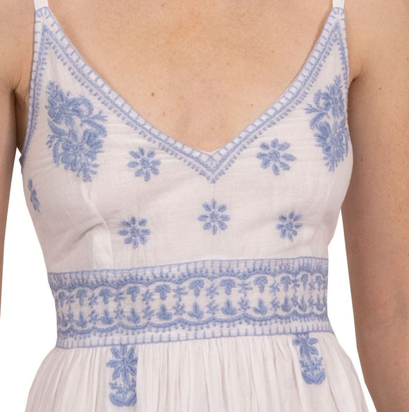 Closeup view of top on Gretchen Scott Fiesta Time Dress in White/Periwinkle