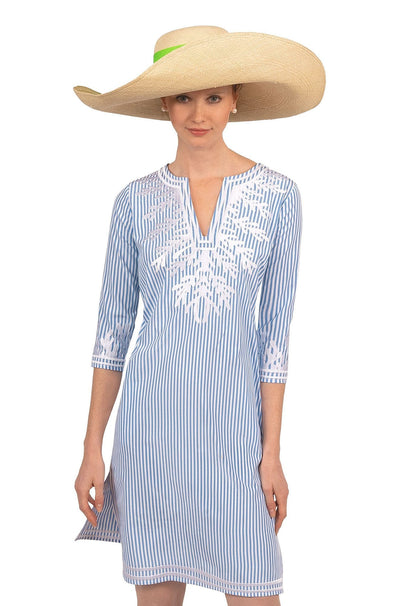 Model in hat wearing Gretchen Scott Embroidered Pinstripe Dress - The Reef - Periwinkle