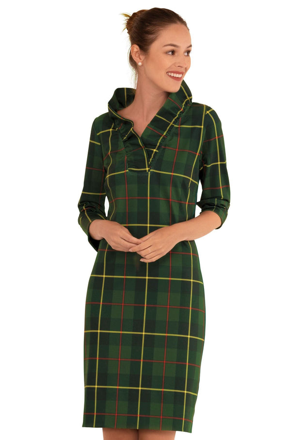 Front view of the Gretchen Scott Ruff Neck Dress - Plaidly Cooper - Green Plaid*