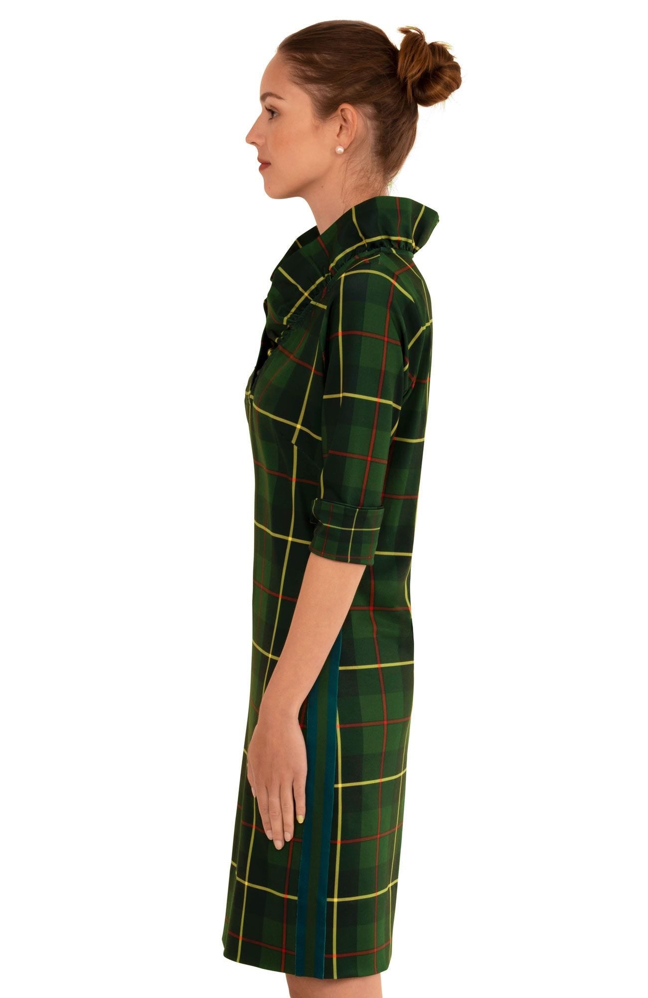 Gretchen Scott Jersey Ruffneck Dress Plaidly Cooper Green Multi