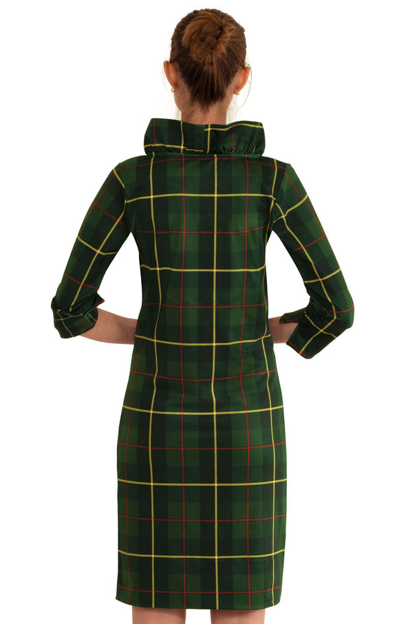 Back view of the Gretchen Scott Ruff Neck Dress - Plaidly Cooper - Green Plaid*