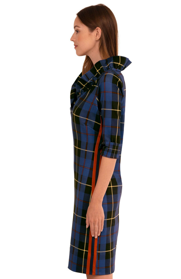 Side view of the Gretchen Scott Ruff Neck Dress - Plaidly Cooper - Navy Plaid*