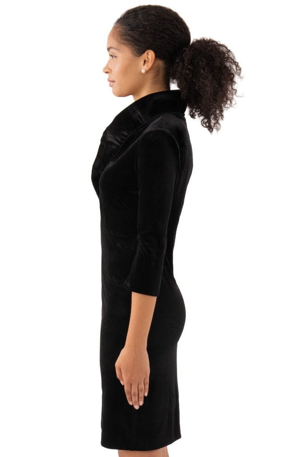 Side view of the Gretchen Scott Ruff Neck Dress - Silky Velvet - Black