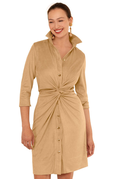 Front view of the Gretchen Scott Twist and Shout Dress - Ultra Suede - Beige