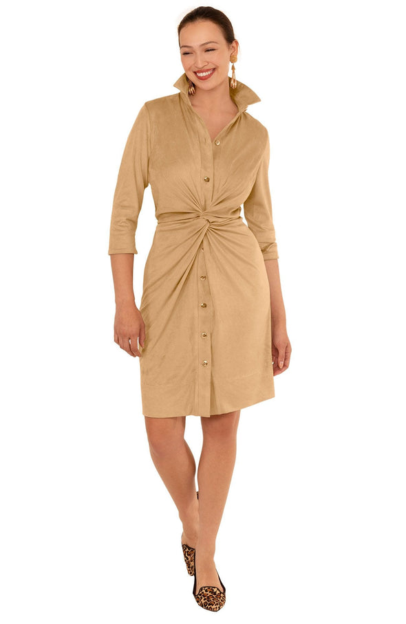 Full body view of the Gretchen Scott Twist and Shout Dress - Ultra Suede - Beige