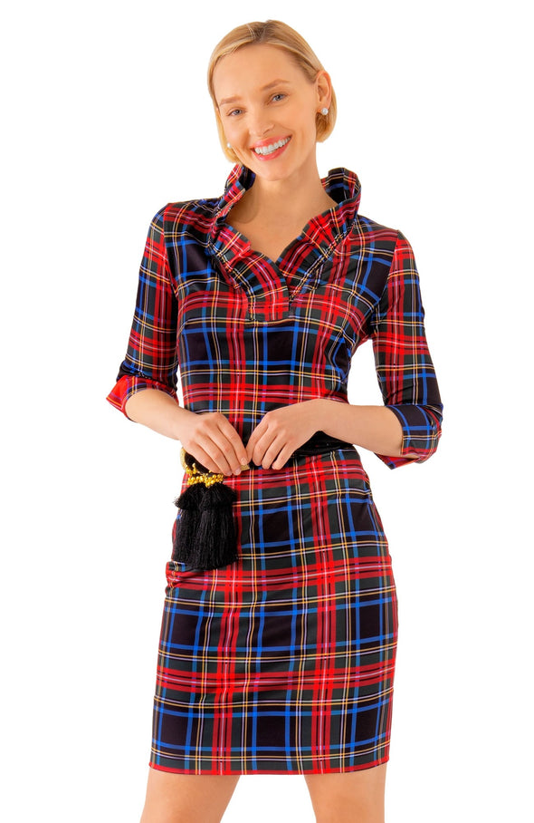 Front view of the Gretchen Scott Ruff Neck Jersey Dress - Duke Of York - Black/Multi
