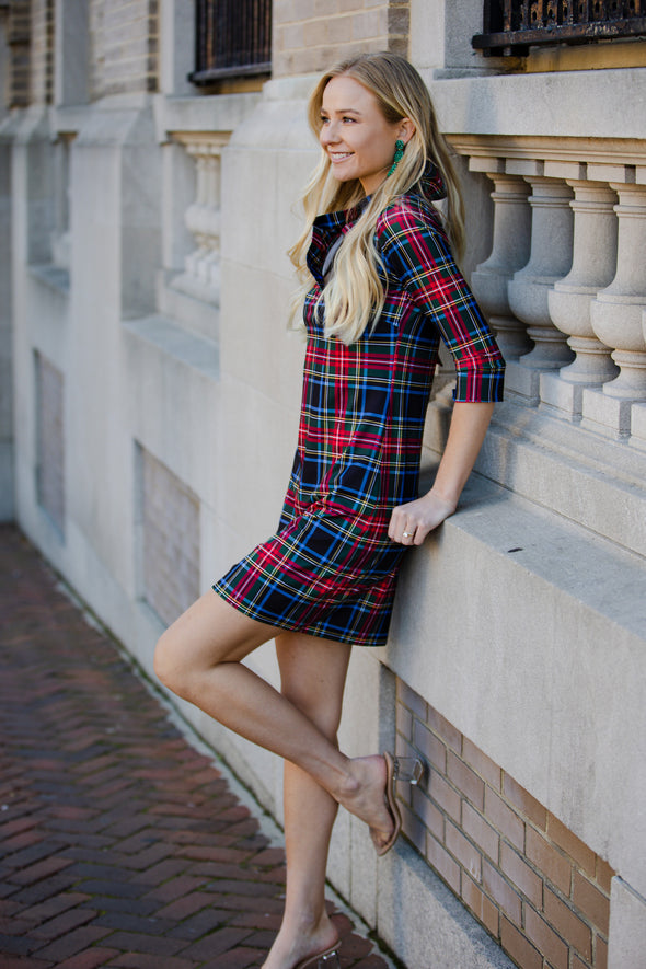 Side view of the Gretchen Scott Ruff Neck Jersey Dress - Duke Of York - Black/Multi