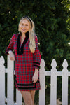 Outdoor model in Sail to Sable Tunic Dress in Red Plaid