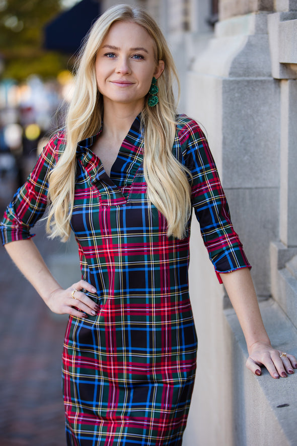 Front view of the Gretchen Scott Ruff Neck Jersey Dress - Duke Of York - Black/Multi