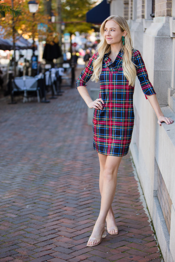 Front view of the Gretchen Scott Ruff Neck Jersey Dress - Duke Of York - Black/Multi