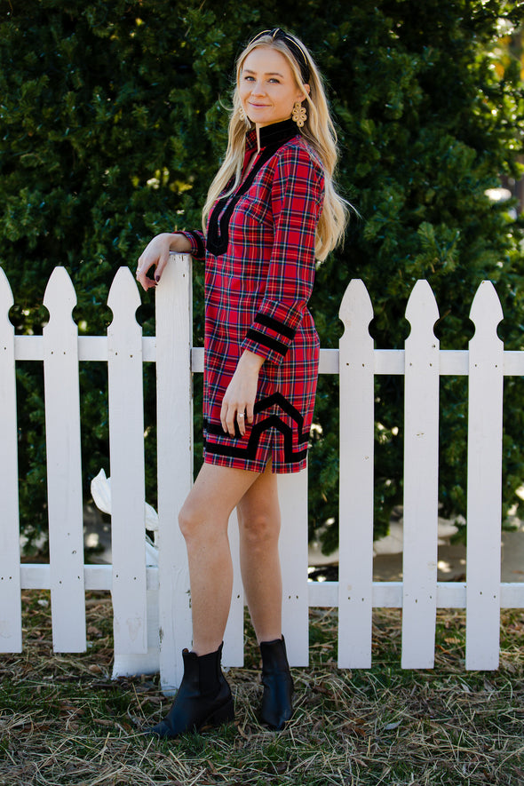 Full body shot of the Sail to Sable Tunic Dress in Red Plaid