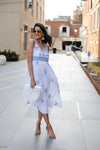 Model in sunglasses outside in Gretchen Scott Fiesta Time Dress in White/Periwinkle