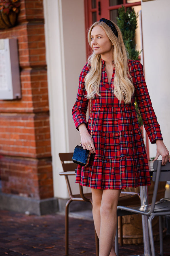 Full body view of Sail to Sable Highlands Dress - Red Plaid
