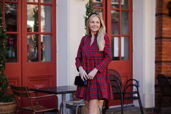 Side view of Sail to Sable Highlands Dress - Red Plaid