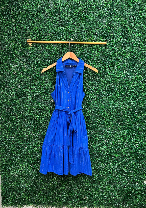 Hanging front view of Duffield Lane x Lucky Knot Exclusive Ann Dress - Bright Blue Metallic