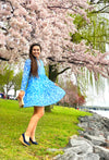 Twirling in Sail to Sable Long Sleeve Tunic Flare Dress - Blue Rose