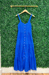 Hanger view of Duffield Lane X Lucky Knot Exclusive Duxbury Midi Dress - Bright Blue Metallic
