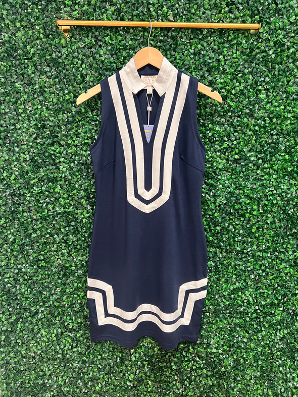 Hanging view of the Sail To Sable x The Lucky Knot Classic Sleeveless Knit Dress - Navy/White
