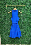 Hanging back view of the Duffield Lane x Lucky Knot Exclusive Ann Dress - Bright Blue Metallic