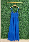 Hanging back view of Duffield Lane X Lucky Knot Exclusive Duxbury Midi Dress - Bright Blue Metallic