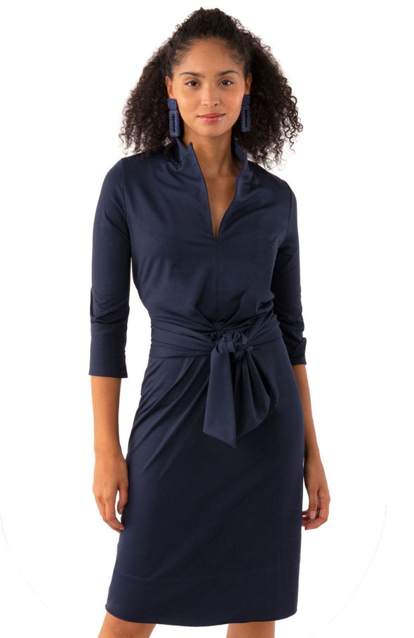 Front view of model in Gretchen Scott Dapper Dress in Solid Navy