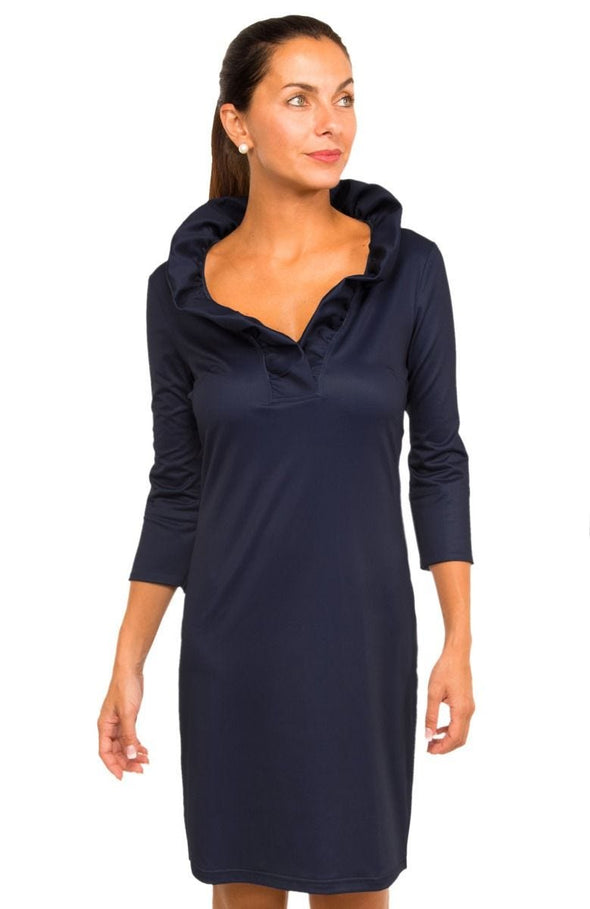 Front View of Gretchen Scott Ruff Neck Jersey Dress in Navy 