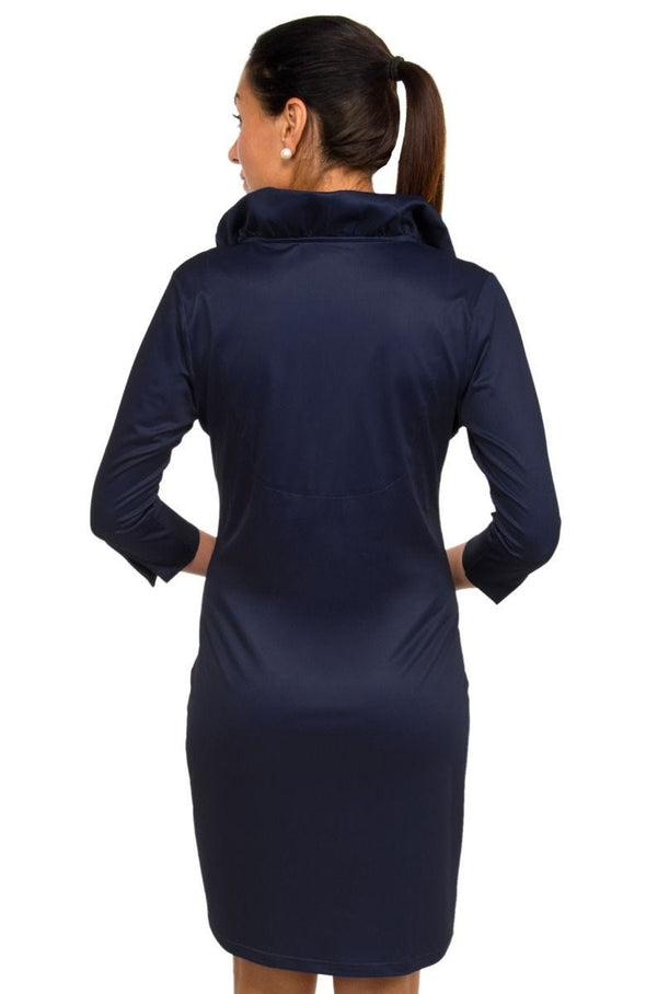 Back View of  Gretchen Scott Ruff Neck Jersey Dress in Navy 