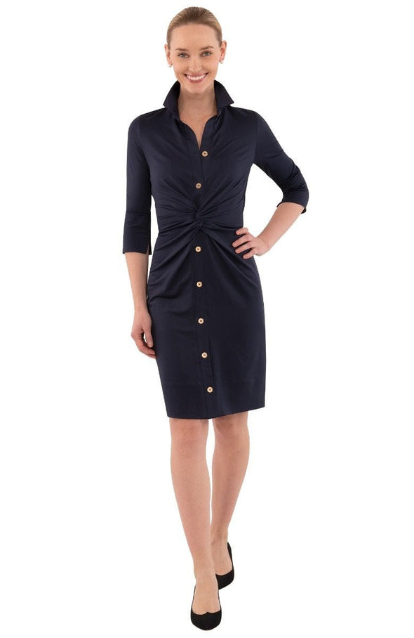 Full body view of the Gretchen Scott Twist And Shout Dress - Solid - Navy