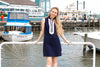Side view of the Duffield Lane Mackinac Dress - Solid Navy w/ White - Lucky Knot Edition