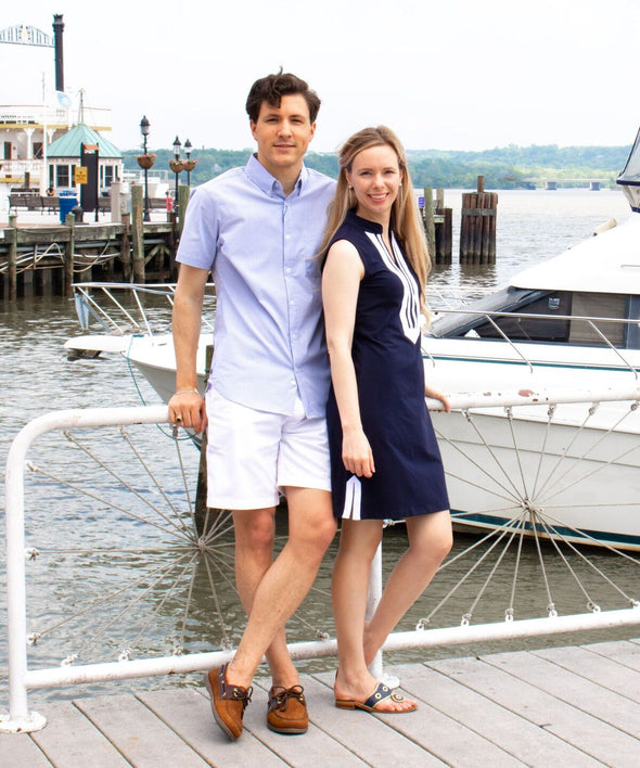 Couple modeling the Duffield Lane Mackinac Dress - Solid Navy w/ White - Lucky Knot Edition