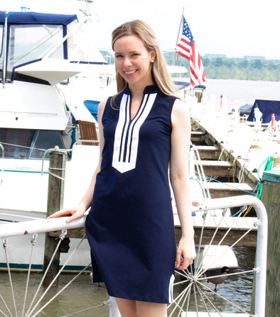 Front view of the Duffield Lane Mackinac Dress - Solid Navy w/ White - Lucky Knot Edition