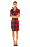 Front View of Gretchen Scott Ruff Neck Dress in Plaidly Cooper Red Plaid