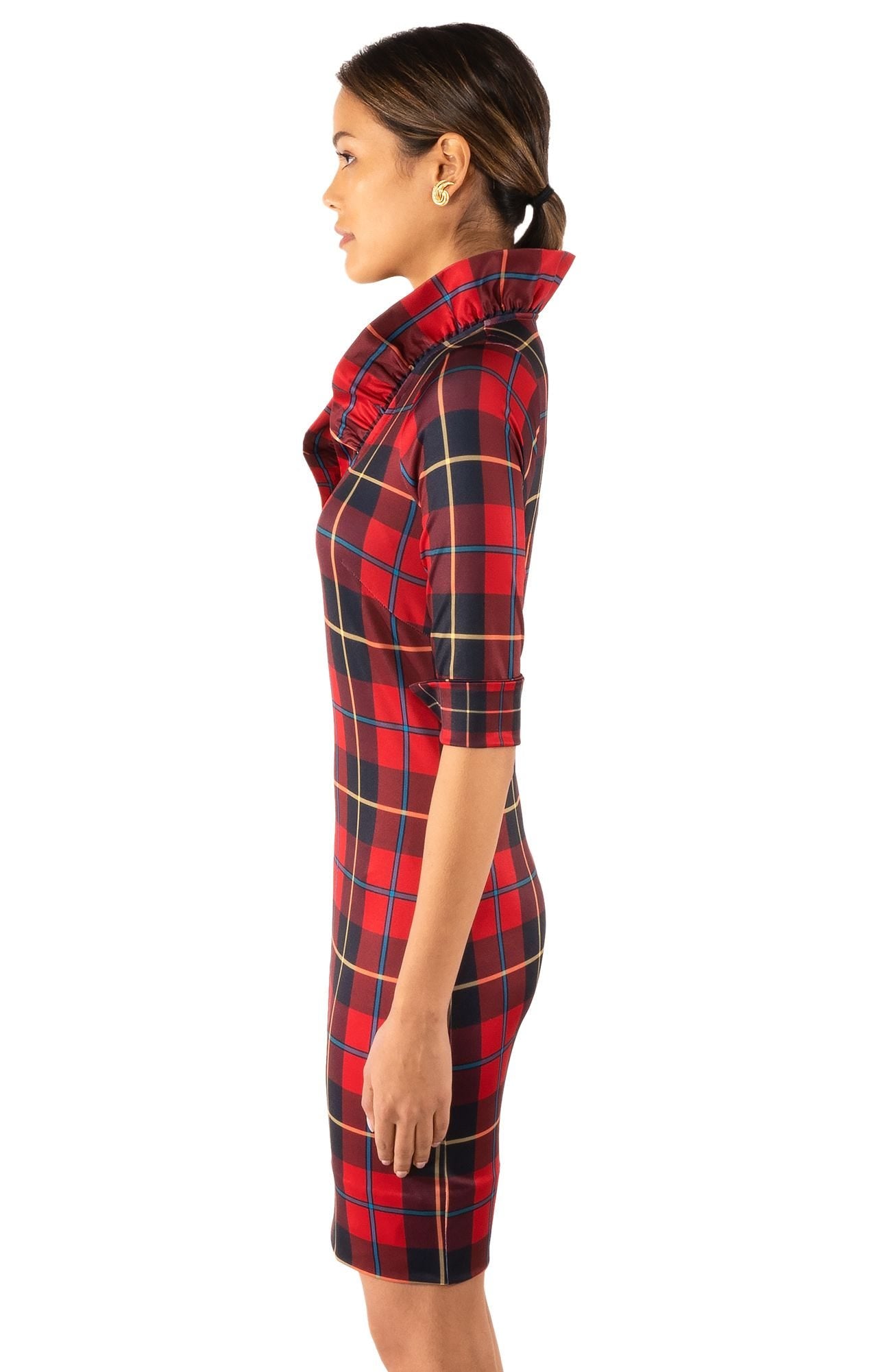 Jersey Ruffneck Dress - Plaidly Cooper Red Multi / S Jersey Ruffneck Dress - Plaidly Cooper Red Multi / S