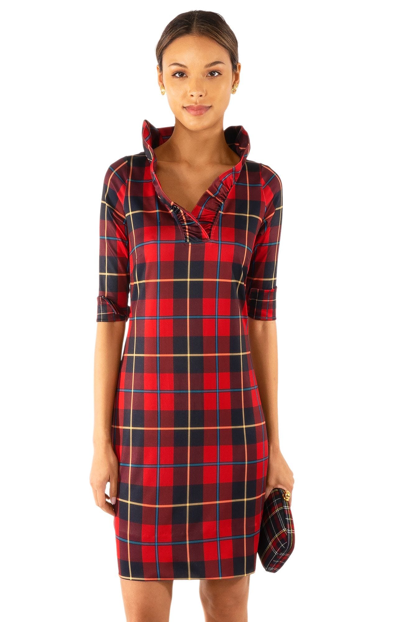 Jersey Ruffneck Dress - Plaidly Cooper Red Multi / XS Jersey Ruffneck Dress - Plaidly Cooper Red Multi / XS