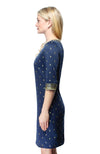 Side view of Gretchen Scott Rocket Girl Dress in Navy/Gold