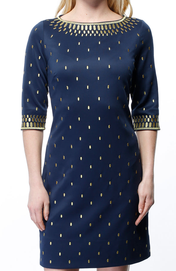 Close up view of front Gretchen Scott Rocket Girl Dress in Navy/Gold